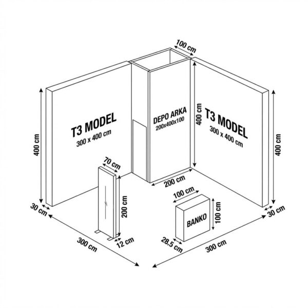 20 m² 2 Cephe Kapalı T3 Modüler fuar Standı  – Set 20